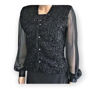 Vintage 90's Jeffery & Dara Satin 3D Ruched Sequin Black Blazer Top Size 12